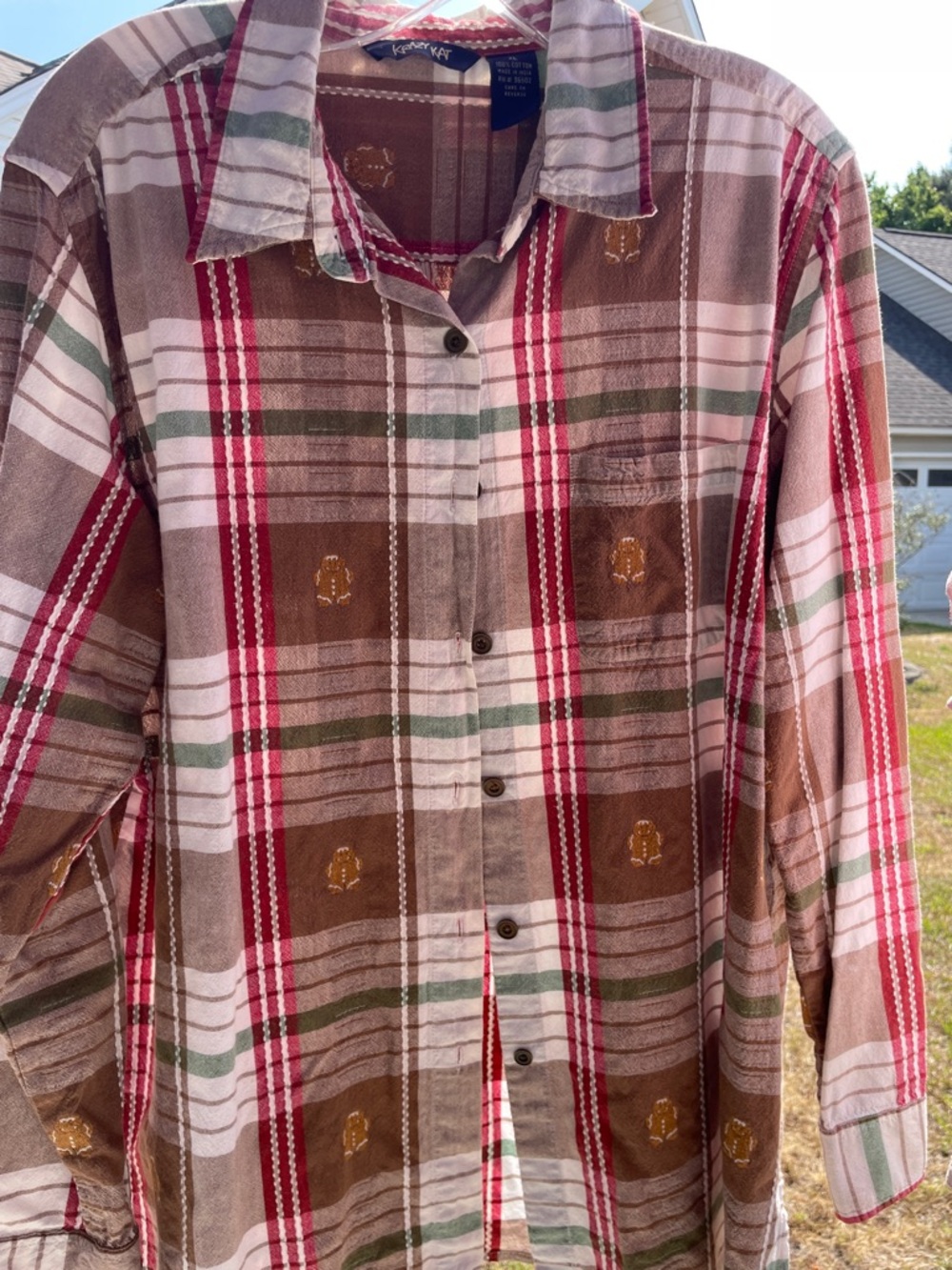krazy kat Plaid Button-Down Shirt in Brown, Red, Green, Cream